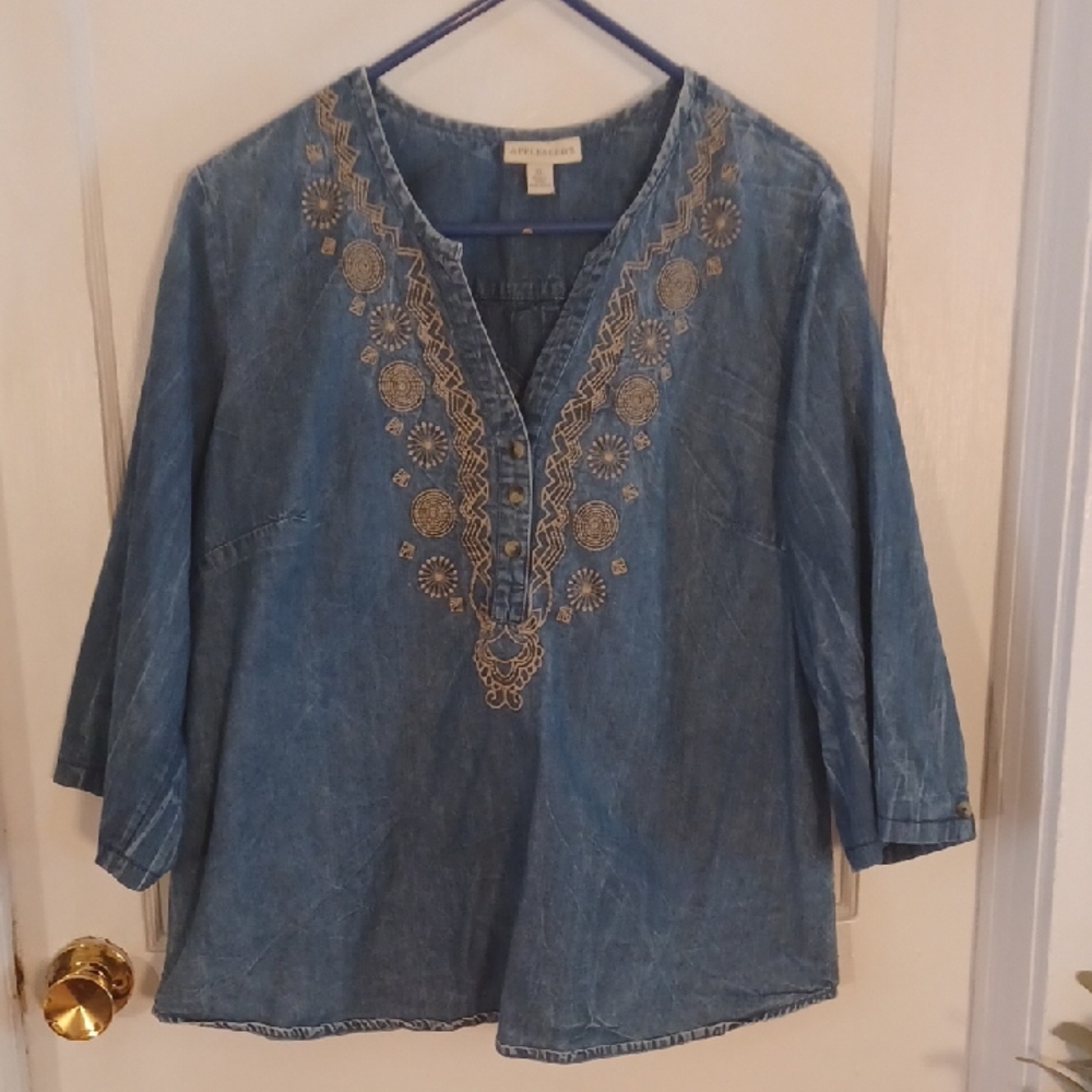 Appleseed Embroidered Denim Look Top Women's Size Xlarge